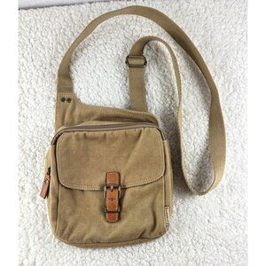 Vtg Fossil Khaki Corduroy Leather Trim Messenger Bag 8"x8" Safari Sac Crossbody